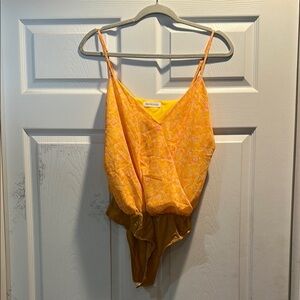 Honeycloth Mustard Yellow Floral Chiffon Faux Wrap Bodysuit L